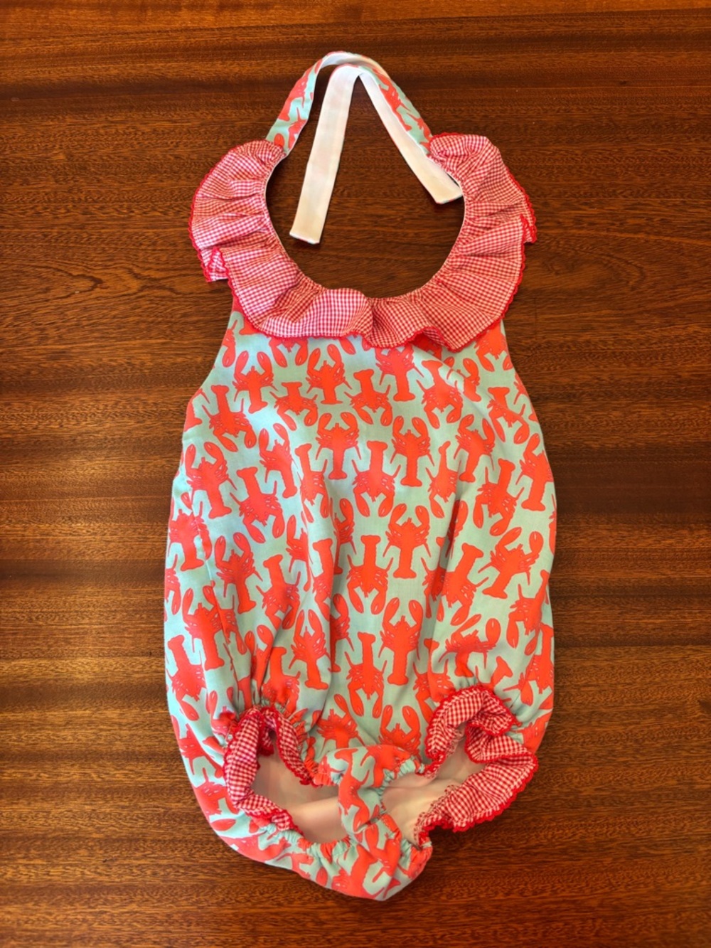 Girls' Coral Lobster Print Aqua Ruffle Halter One-Piece Swim
